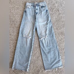 Stylish Light Blue Distressed Women's Wide Leg Jeans